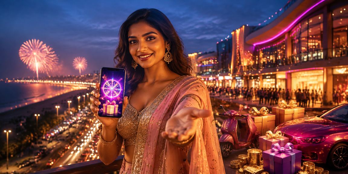 Marina Beach in Chennai with bright casino-style app neon advertising